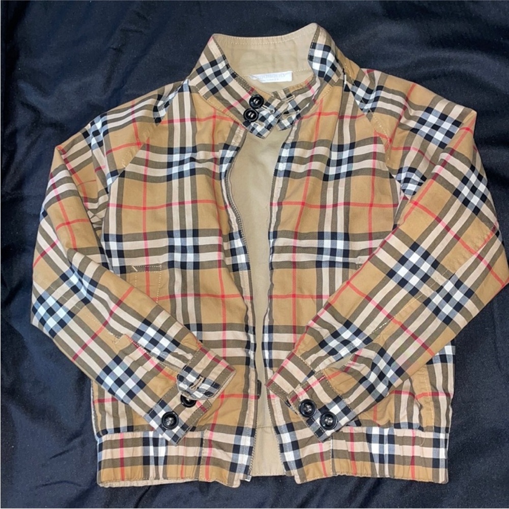 BURBERRY Kids Plaid Reversible Khaki Jacket w/ Moto Collar
